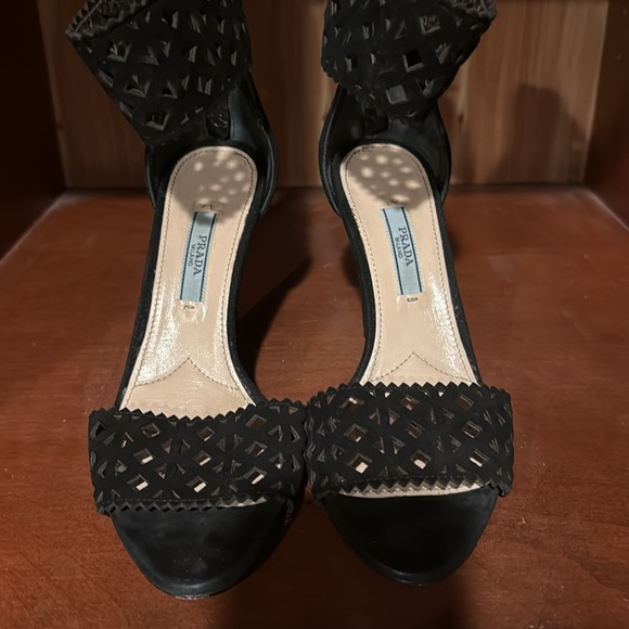Prada laser-cut black suede sandals with ankle strap - Picture 1 of 9